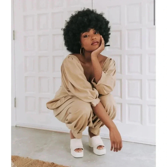 New Free People Lotta Love Jumpsuit Romper Onesie Puff Sleeve in Tan Brown Small - Picture 6 of 12